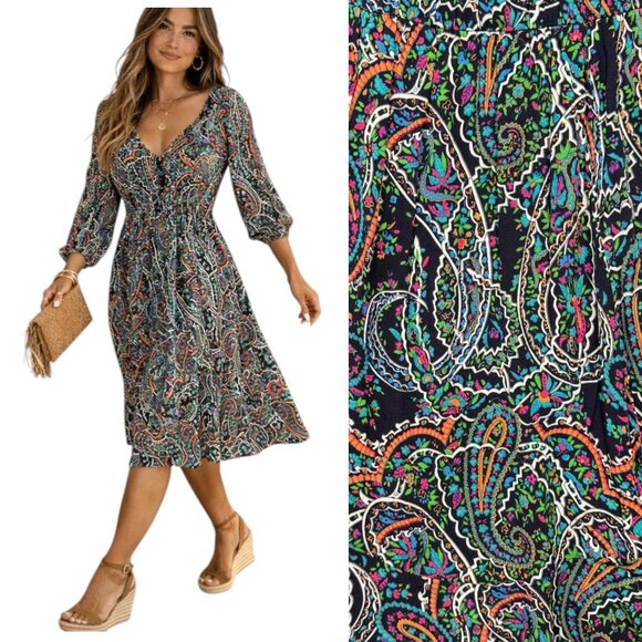 Maeve Anthropologie Dresses & Skirts - Maeve Anthropologie Boho Paisley Dress Flowy Long Sleeve Navy/Multicolor Size S